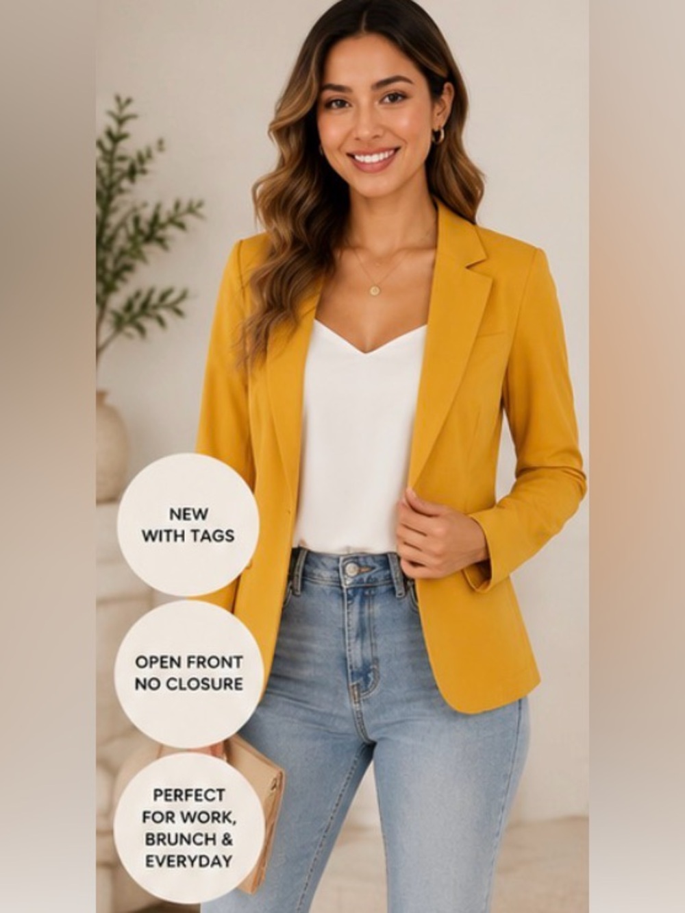 399 Allegra K Mustard Yellow Open Front Blazer Jacket XS Career Chic Stretch
